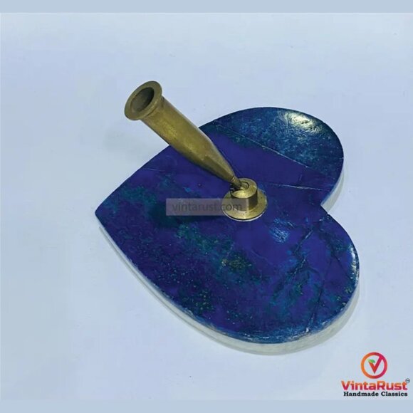 Other - Heart Shaped Lapis Lazuli Pen Holder: Handmade Brass Desk Accessory